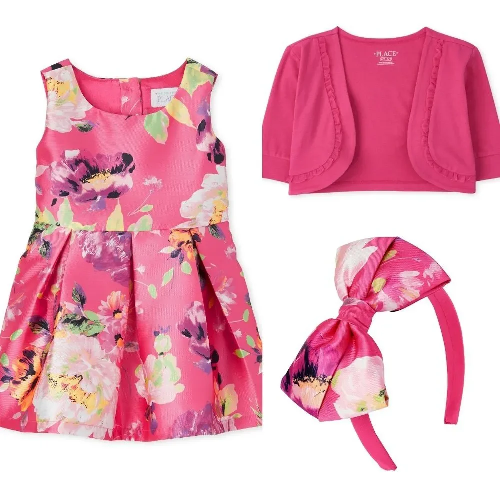 Girls Elegant Floral Magenta Pleated Easter Dress Cardigan & Headband Set Size 6